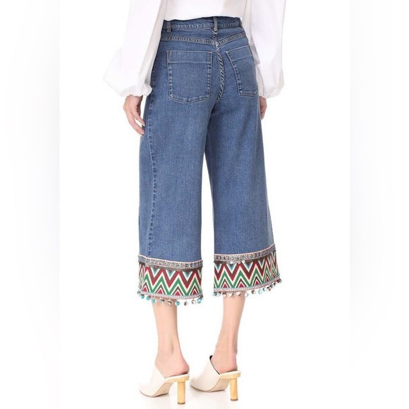 NWT Alice Olivia Beta Embroider Pom-Pom Hem Denim Wide Leg High Waist Jeans - Picture 4 of 8